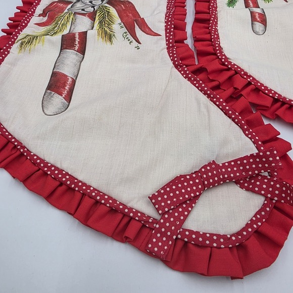 VTG 80's 2~ Handmade Christmas Stockings Bells Candy Canes Wreaths Ruffles Red - Picture 3 of 12